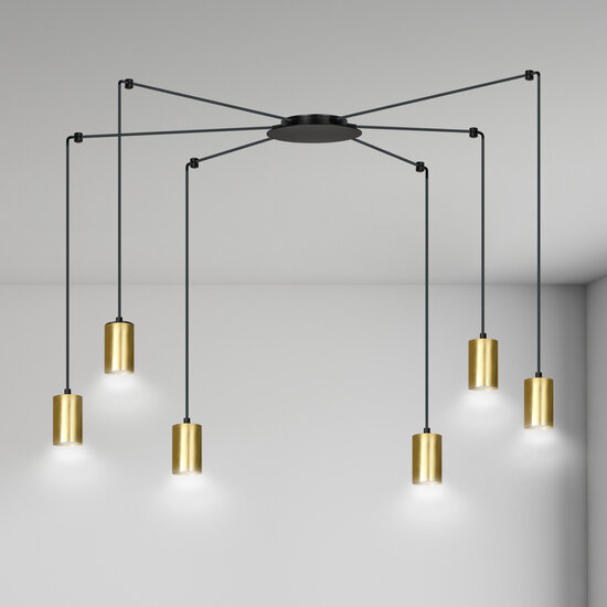 Turku goud en zwarte regelbare spider hanglamp met 6 gouden kokers metaal GU10