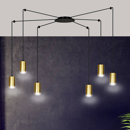 Turku goud en zwarte regelbare spider hanglamp met 6 gouden kokers metaal GU10