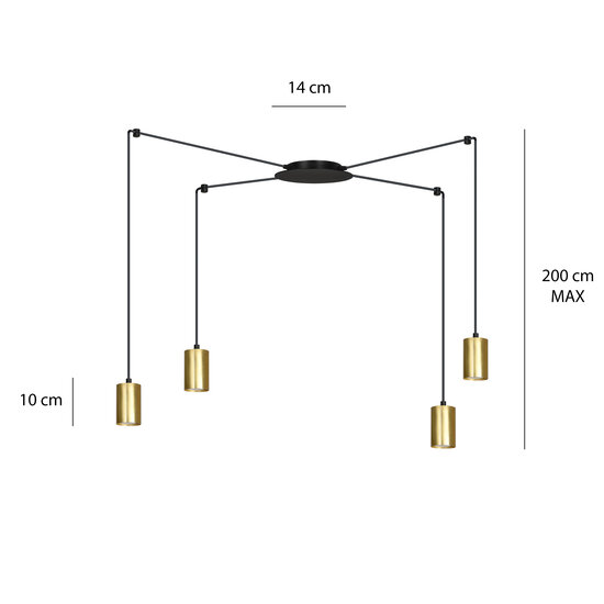 Turku medium zwarte spider hanglamp met 4 gouden kokers metaal GU10