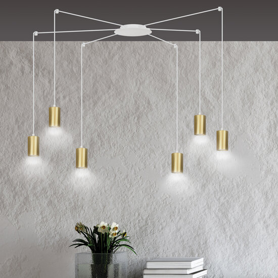 Turku white adjustable spider hanging lamp with 6 gold tubes metal GU10