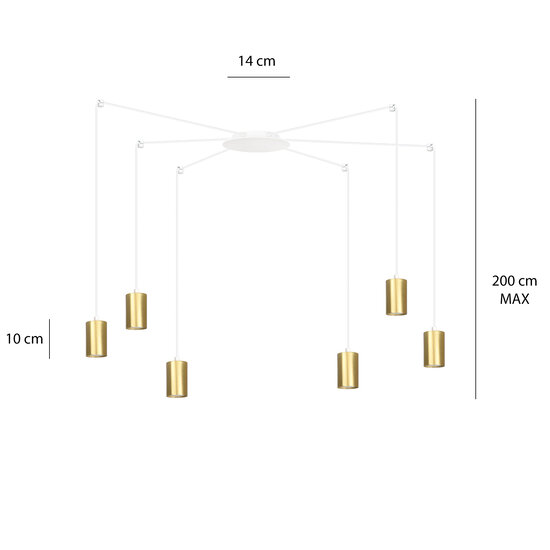 Turku white adjustable spider hanging lamp with 6 gold tubes metal GU10