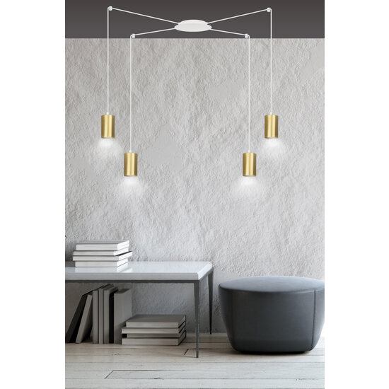 Turku medium witte spider hanglamp met 4 gouden kokers metaal GU10