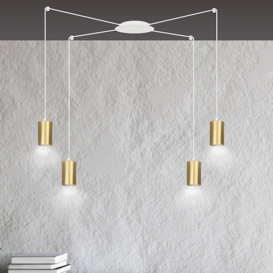 Turku medium witte spider hanglamp met 4 gouden kokers metaal GU10