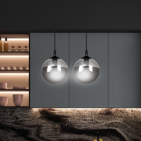 Lámpara colgante Billund doble esfera negra 14 cm cristal ahumado E14