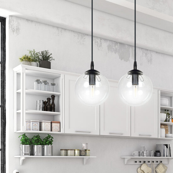 Billund zwarte hanglamp dubbel met transparante bol 14 cm voor lamp E14