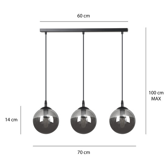 Billund triple black bulbs 14 cm hanging lamp with smoked glass 3x E14