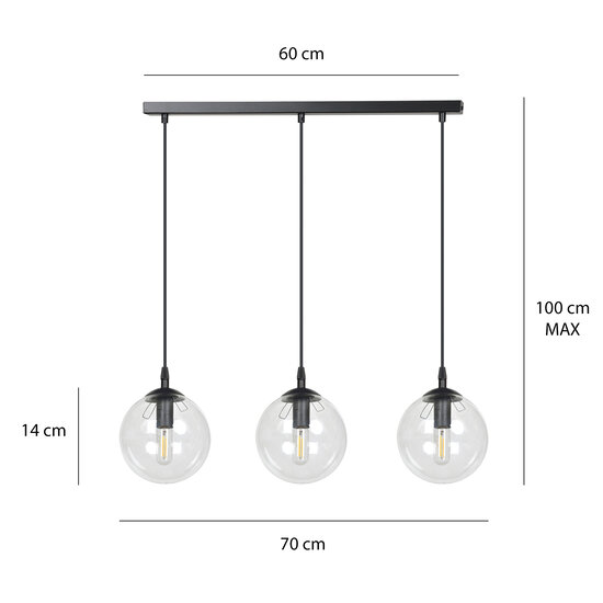 Billund elegant black hanging lamp triple with transparent bulb 14 cm for lamp E14