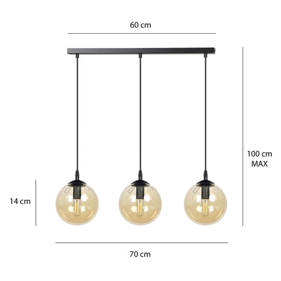 Emibig Emibig Billund 3 lampes sphère ambre 14 cm suspension avec hauteur réglable 3x E14 - Idéal pour créer une atmosphère chaleureuse dans n'importe quelle pièce