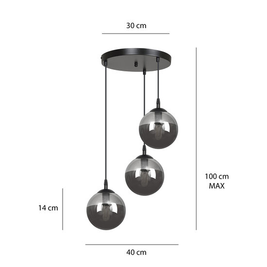Kerteminde ronde élégante suspension noire triple pour lampe E14 fumée
