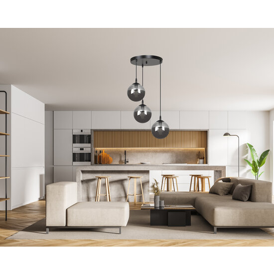 Kerteminde runde elegante schwarze Hängelampe dreifach für Lampe E14 geräuchert