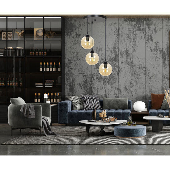 Kerteminde 3 lampes sphère ambre 14 cm suspension ronde à hauteur réglable 3x E14