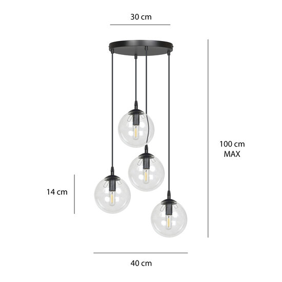 Emibig Emibig Kerteminde 4 suspension boules noires 14 cm lampe avec verre transparent - Éclairage parfait pour les intérieurs modernes
