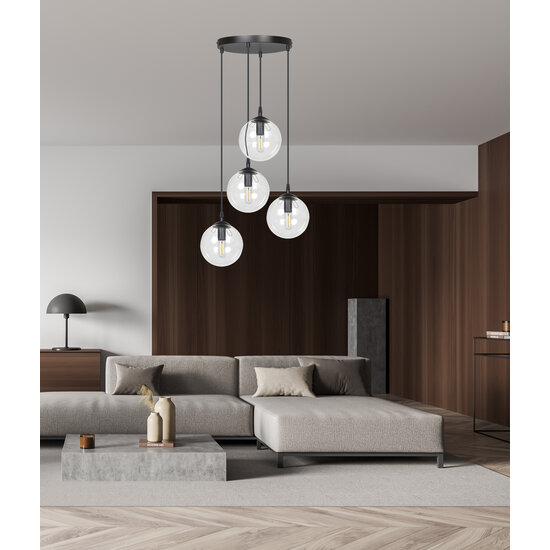 Kerteminde 4 pendel zwarte bollen 14 cm hanglamp met transparant glas