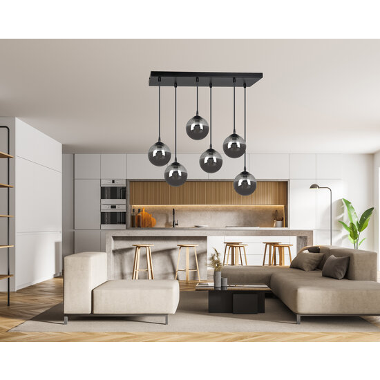 Emibig Emibig Glostrup zwarte 6 lamp hanglamp met gerookt glas voor E14 lampen - Perfect voor moderne interieurs