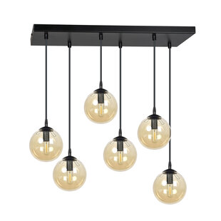 Glostrup breite schwarze Hängelampe mit 6 Lampen und bernsteinfarbenem Glas für E14-Lampen