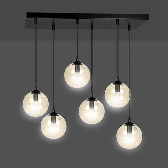 Lampe suspendue Glostrup large noire à 6 lampes avec verre de couleur ambre pour lampes E14