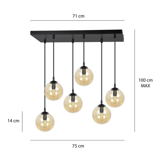 Lampe suspendue Glostrup large noire à 6 lampes avec verre de couleur ambre pour lampes E14