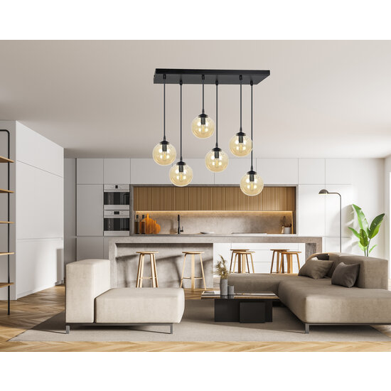 Glostrup breite schwarze Hängelampe mit 6 Lampen und bernsteinfarbenem Glas für E14-Lampen