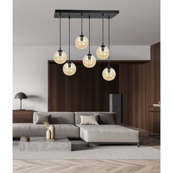 Glostrup breite schwarze Hängelampe mit 6 Lampen und bernsteinfarbenem Glas für E14-Lampen