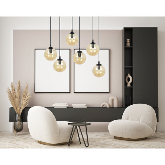 Glostrup breite schwarze Hängelampe mit 6 Lampen und bernsteinfarbenem Glas für E14-Lampen