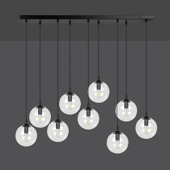 Glostrup 9 fallende Kugeln von 14 cm für über dem Tisch, transparent mit E14-Lampen