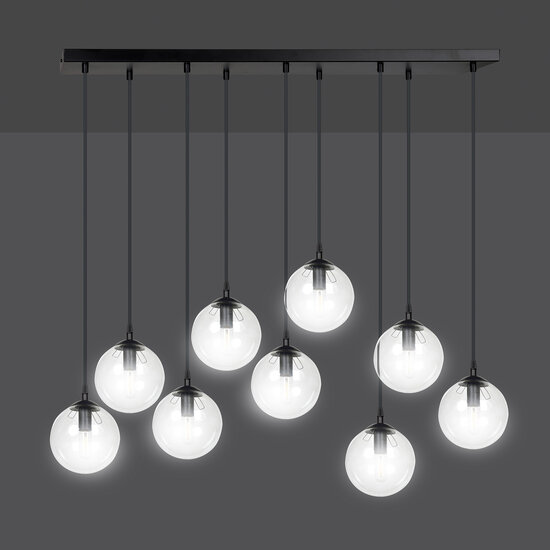 Glostrup 9 fallende Kugeln von 14 cm für über dem Tisch, transparent mit E14-Lampen