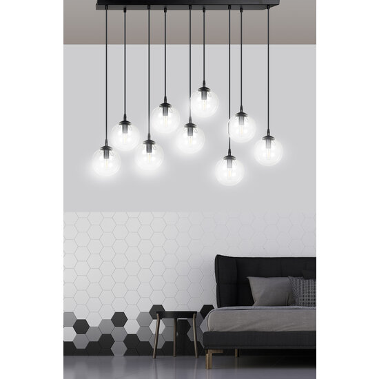 Glostrup 9 fallende Kugeln von 14 cm für über dem Tisch, transparent mit E14-Lampen