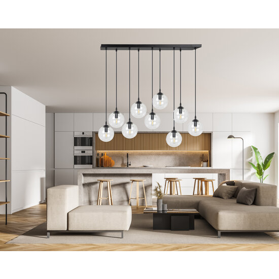 Glostrup 9 vallende bollen van 14cm voor boven tafel transparant met E14 lampen