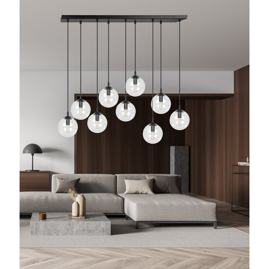 Glostrup 9 vallende bollen van 14cm voor boven tafel transparant met E14 lampen