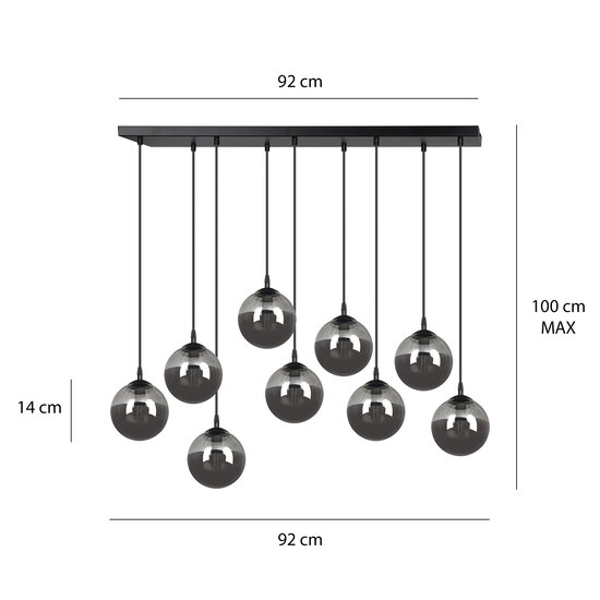 Lámpara colgante Glostrup de 9 lámparas negra con cristal ahumado para lámparas E14