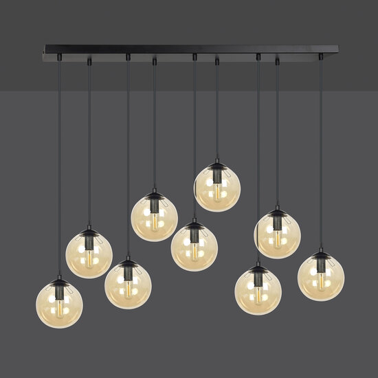 Glostrup breite schwarze Hängelampe mit 9 Lampen und bernsteinfarbenem Glas für E14-Lampen
