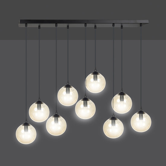 Glostrup breite schwarze Hängelampe mit 9 Lampen und bernsteinfarbenem Glas für E14-Lampen