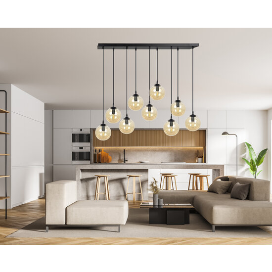 Glostrup breite schwarze Hängelampe mit 9 Lampen und bernsteinfarbenem Glas für E14-Lampen