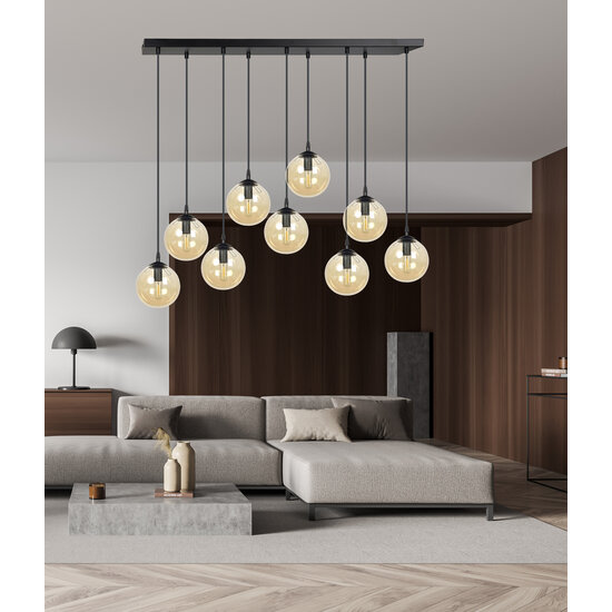Glostrup breite schwarze Hängelampe mit 9 Lampen und bernsteinfarbenem Glas für E14-Lampen