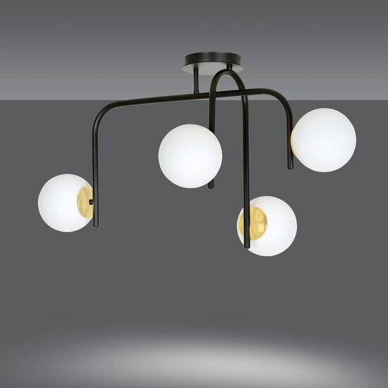 Tampere special black and gold ceiling lamp with curved arms and 4x E14 in a white sphere