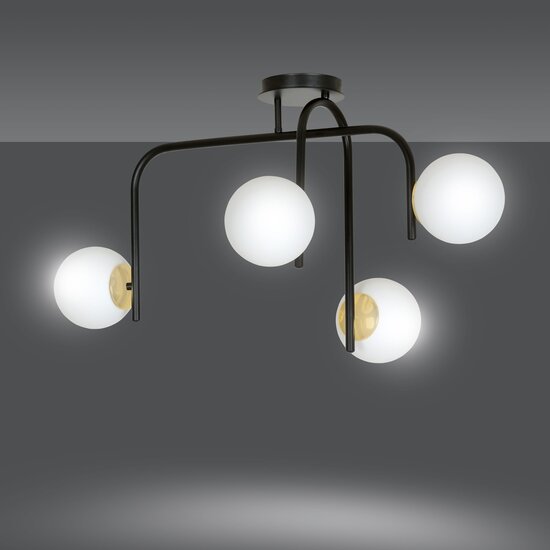 Tampere special black and gold ceiling lamp with curved arms and 4x E14 in a white sphere