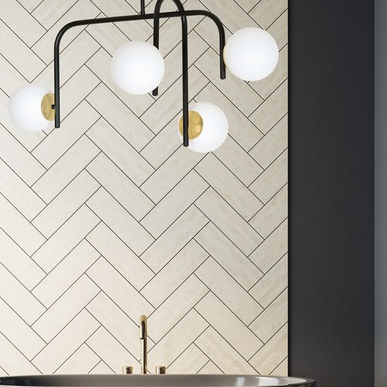 Tampere special black and gold ceiling lamp with curved arms and 4x E14 in a white sphere