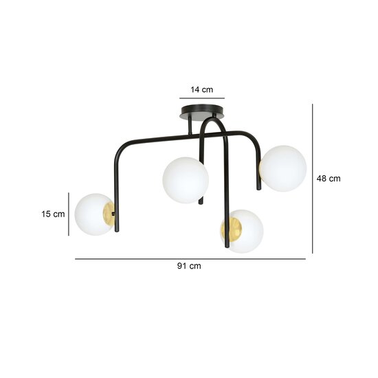 Tampere special black and gold ceiling lamp with curved arms and 4x E14 in a white sphere