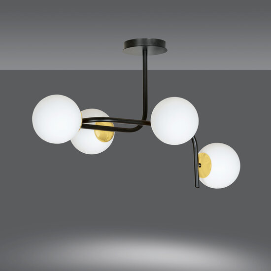 Tampere grote zwarte met goud plafondlamp met gebogen armen en 4x E14 in een witte bol