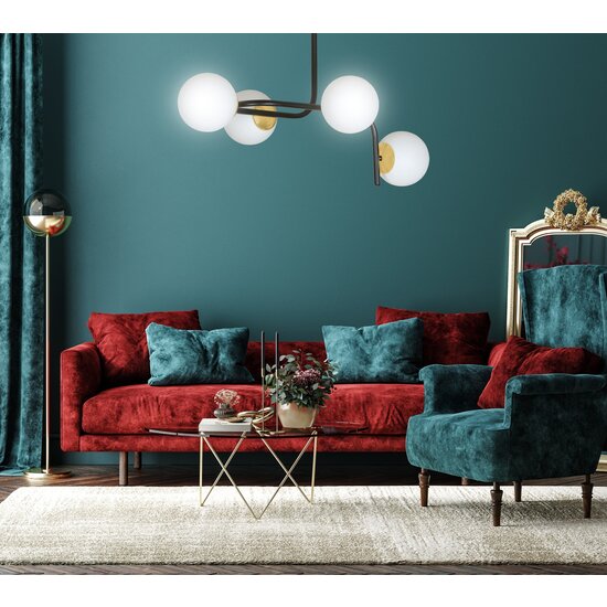 Tampere grote zwarte met goud plafondlamp met gebogen armen en 4x E14 in een witte bol