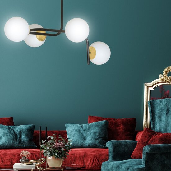 Tampere large black and gold ceiling lamp with curved arms and 4x E14 in a white bulb