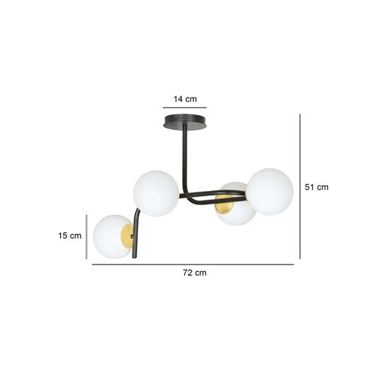 Tampere large black and gold ceiling lamp with curved arms and 4x E14 in a white bulb