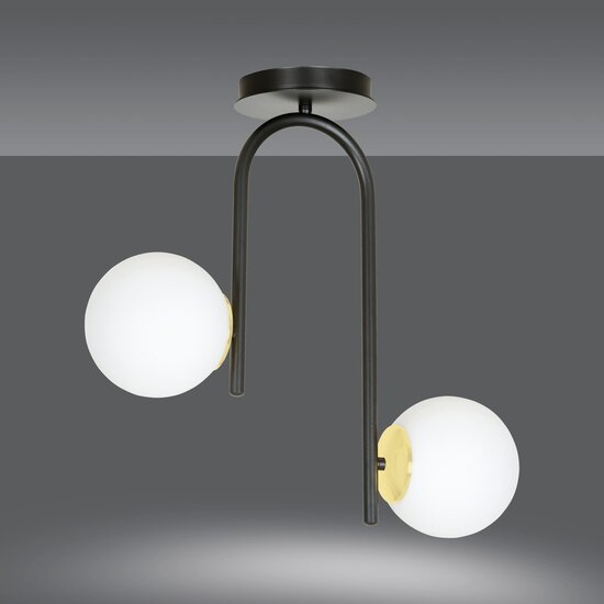 Tampere curved black and gold ceiling lamp with 2 glass white bulbs E14