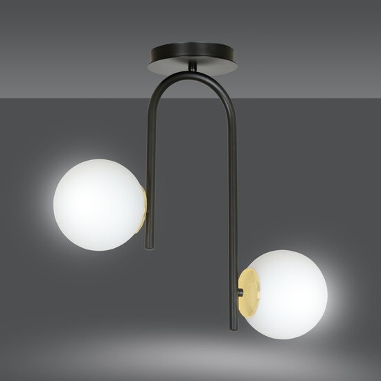 Emibig Emibig Tampere gebogen zwarte en goud plafondlamp met 2 glazen witte bollen E14 - Perfecte verlichting voor elke ruimte