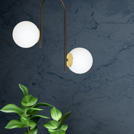 Tampere curved black and gold ceiling lamp with 2 glass white bulbs E14