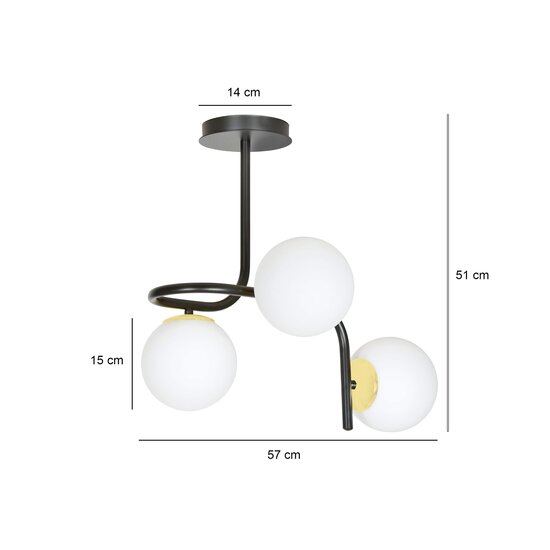 Tampere plafondverlichting zwart en goud met 3 witte bollen voor E14