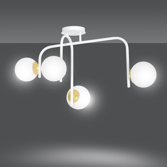 Emibig Emibig Espoo speciale witte en gouden plafondlamp met gebogen armen en 4x E14 in een witte bol - Perfecte sfeerverlichting voor elk interieur