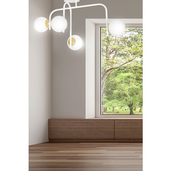 Espoo special white and gold ceiling lamp with curved arms and 4x E14 in a white bulb