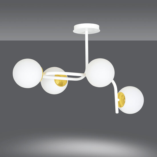 Espoo large white with gold ceiling lamp with curved arms and 4x E14 in a white bulb