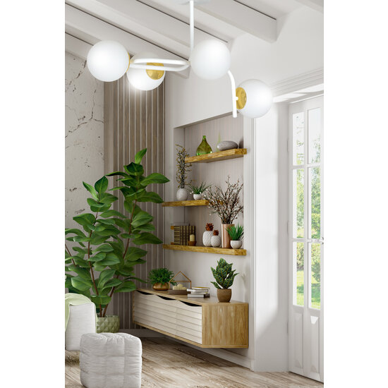 Espoo large white with gold ceiling lamp with curved arms and 4x E14 in a white bulb